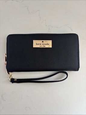 kate spade Black leather Zip-Around Wristlet with Gold Plaque